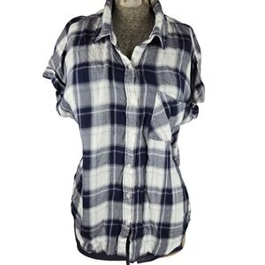 Cosmic Blue Love Soft Plaid Flannel Shirt Top Short Sleeve Sz S Outdoor Layering